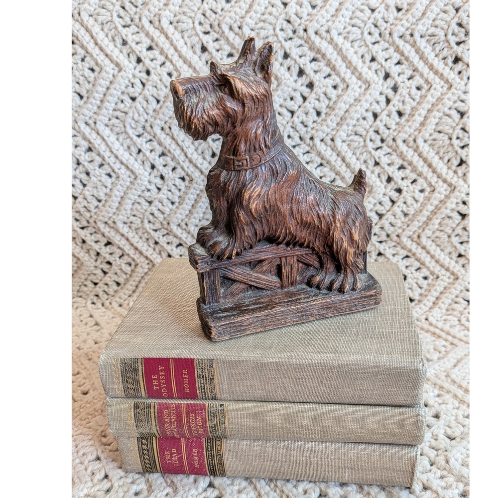 Vintage Scottish Terrier Scottie Dog Bookend Brown Wood Look Metal Base
